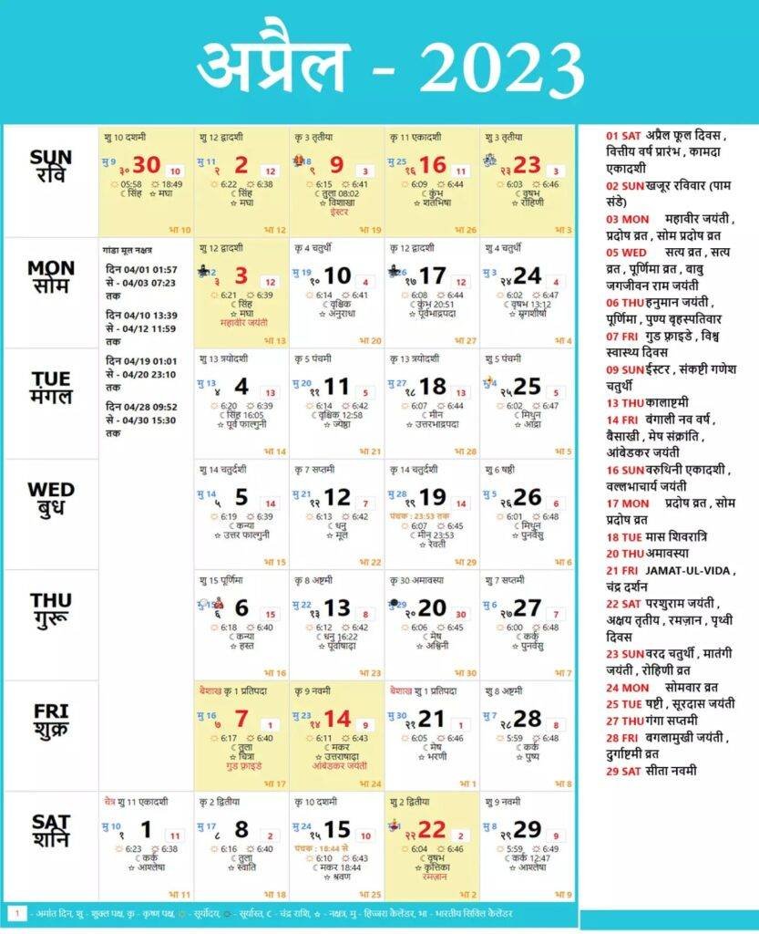 April Hindu Calendar 2023