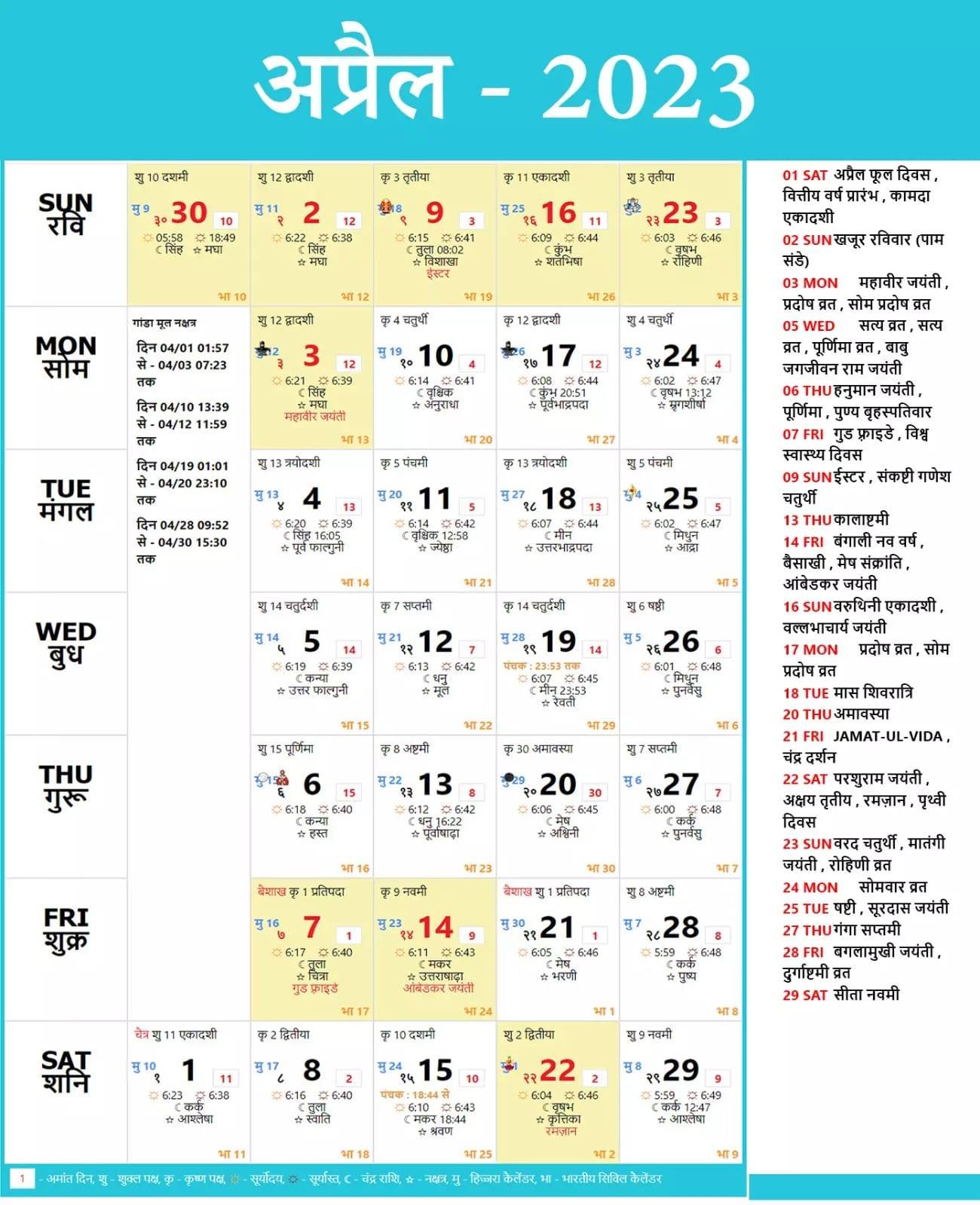 Hindi Panchang Calendar 2023 April 2023 