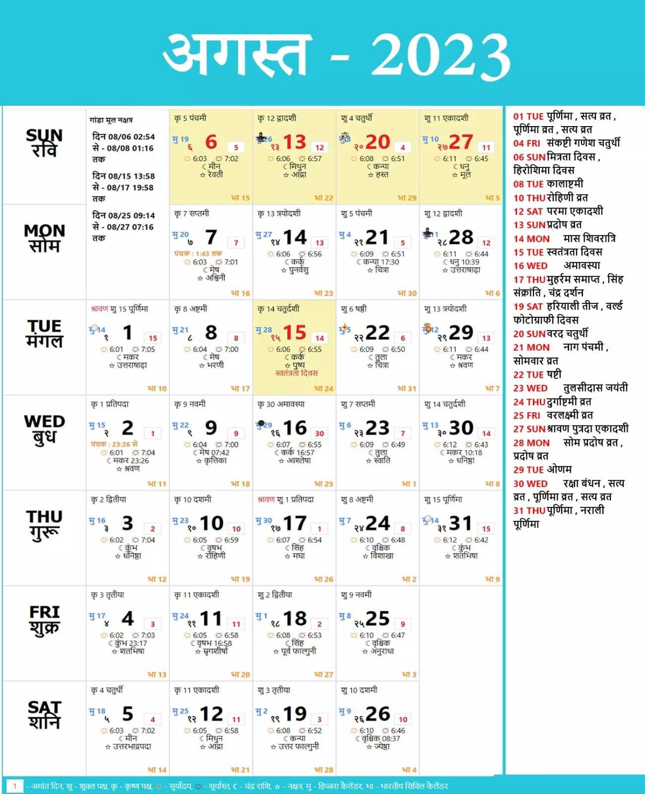 Hindi Panchang Calendar 2023 August 2023 