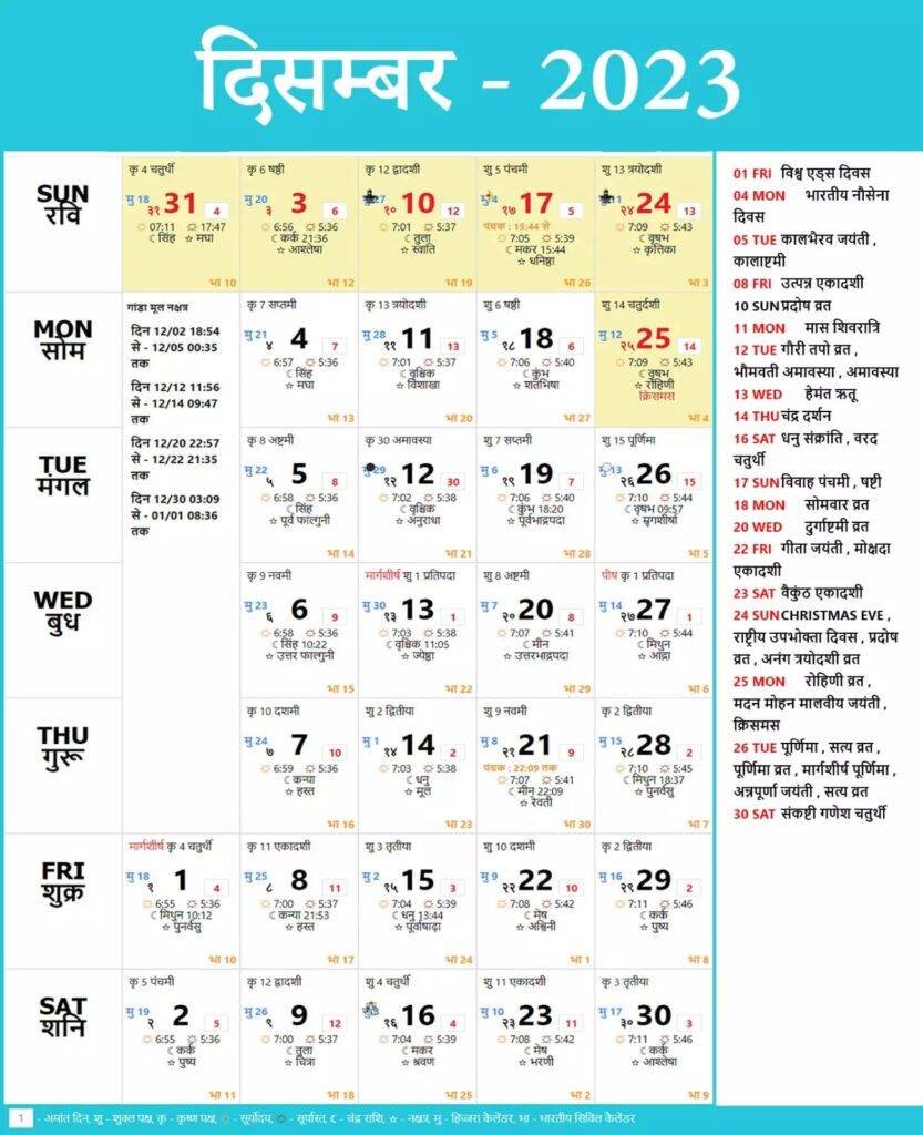 December Hindu Calendar 2023