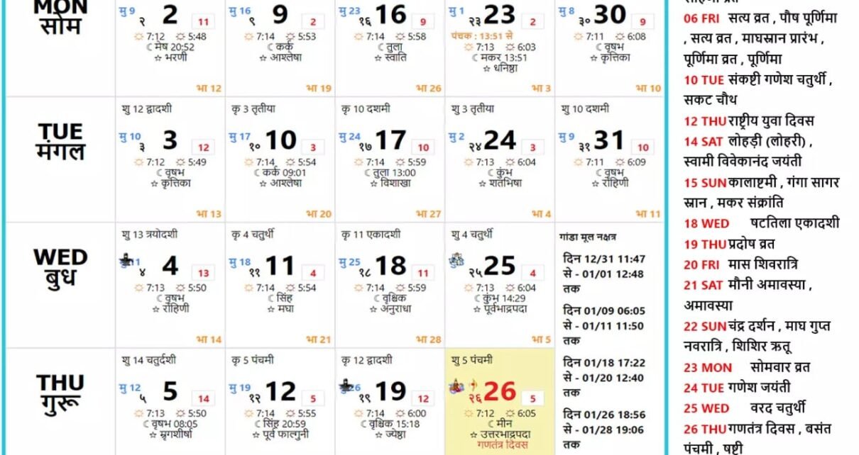 Hindi Panchang Calendar 2023 January 2023 Hindi Panchang Calendar 2023 January 2023