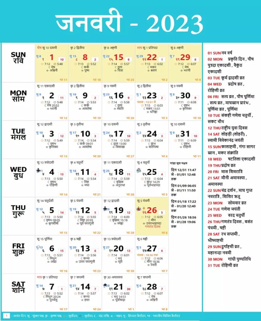 January Hindu Calendar 2023