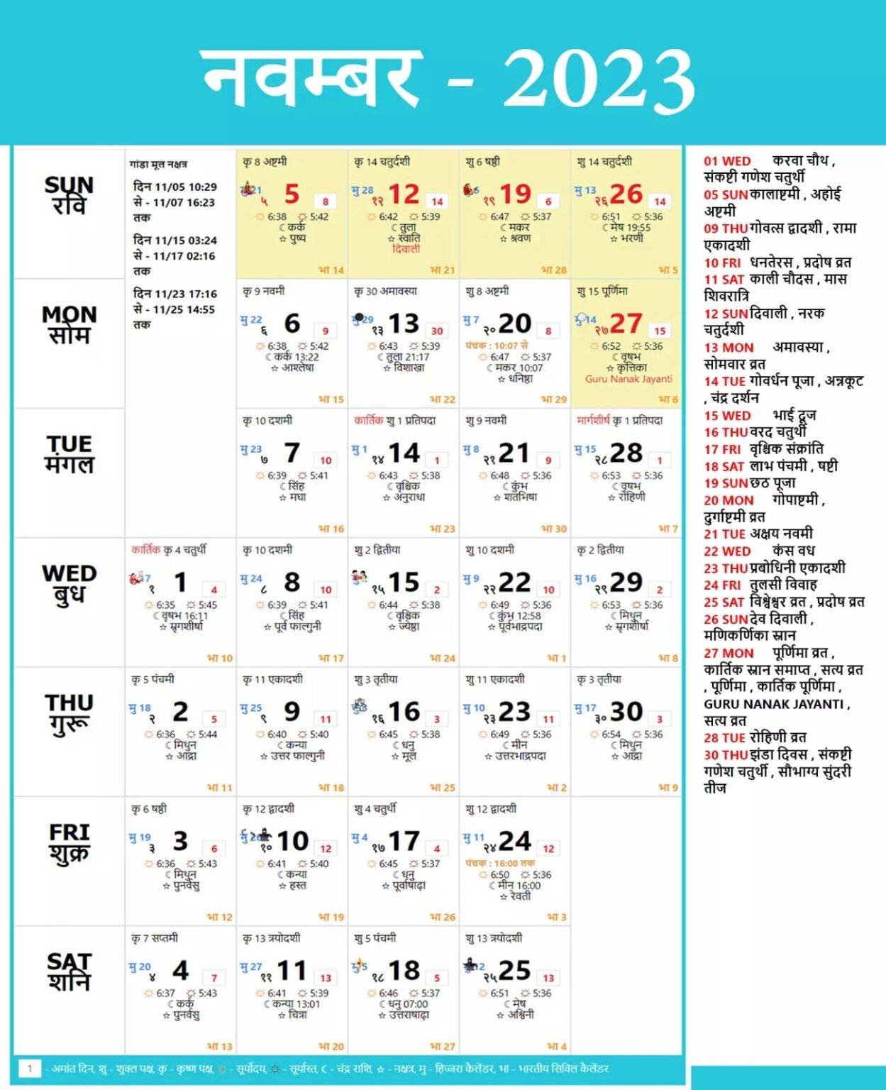 Hindi Panchang Calendar 2023 November | हिंदी पंचांग कैलेंडर 2023 नवंबर