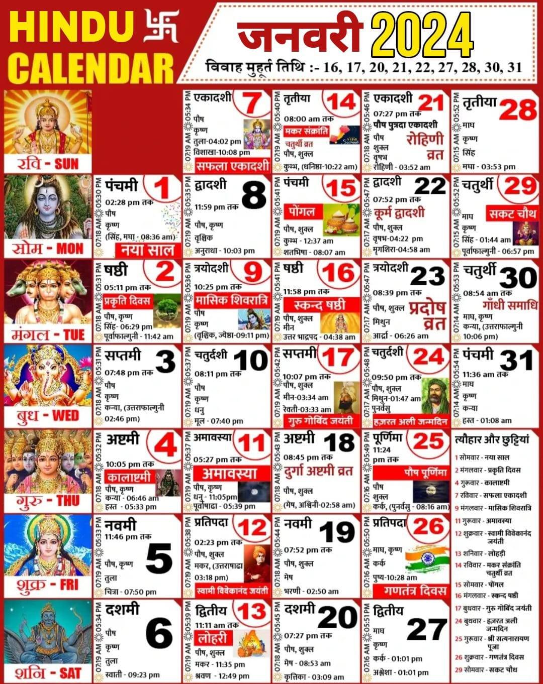 Hindu Calendar 2024 January 
