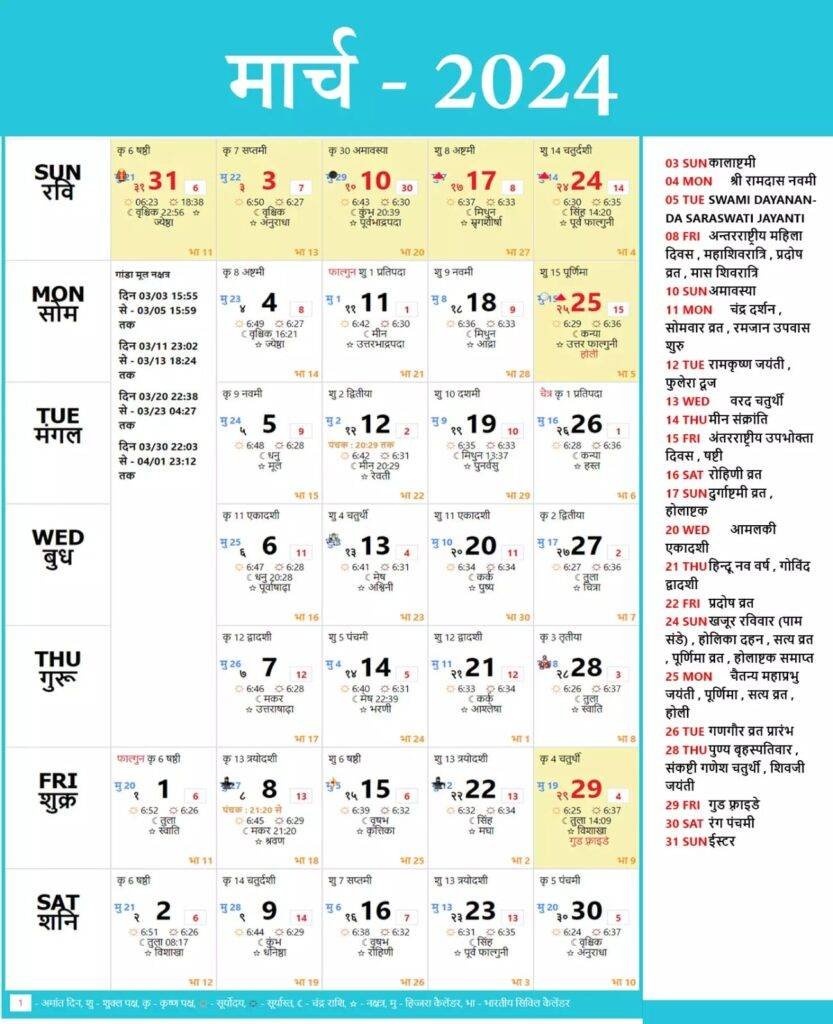 Thakur Prasad Calendar 2024 March | मार्च 2024 का हिन्दू कैलेंडर