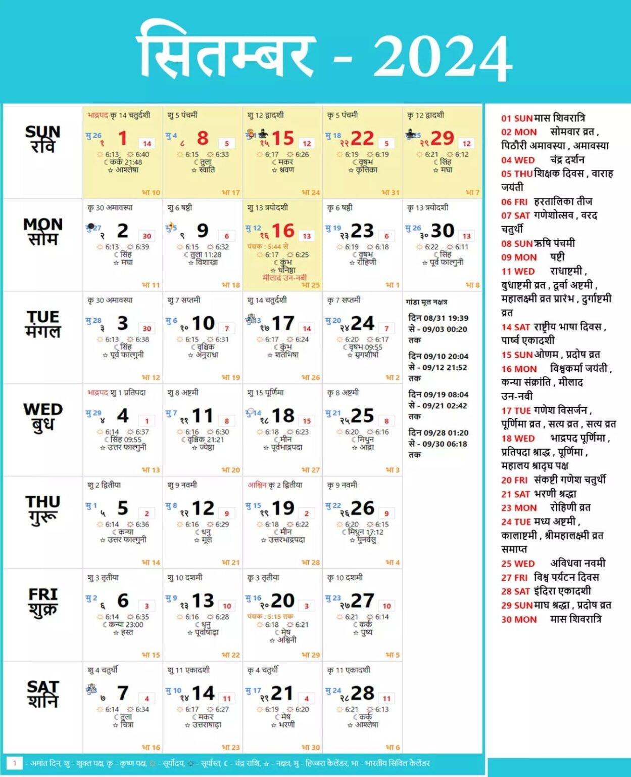 Thakur Prasad Calendar 2024 September 2024 का हिन्दू कैलेंडर